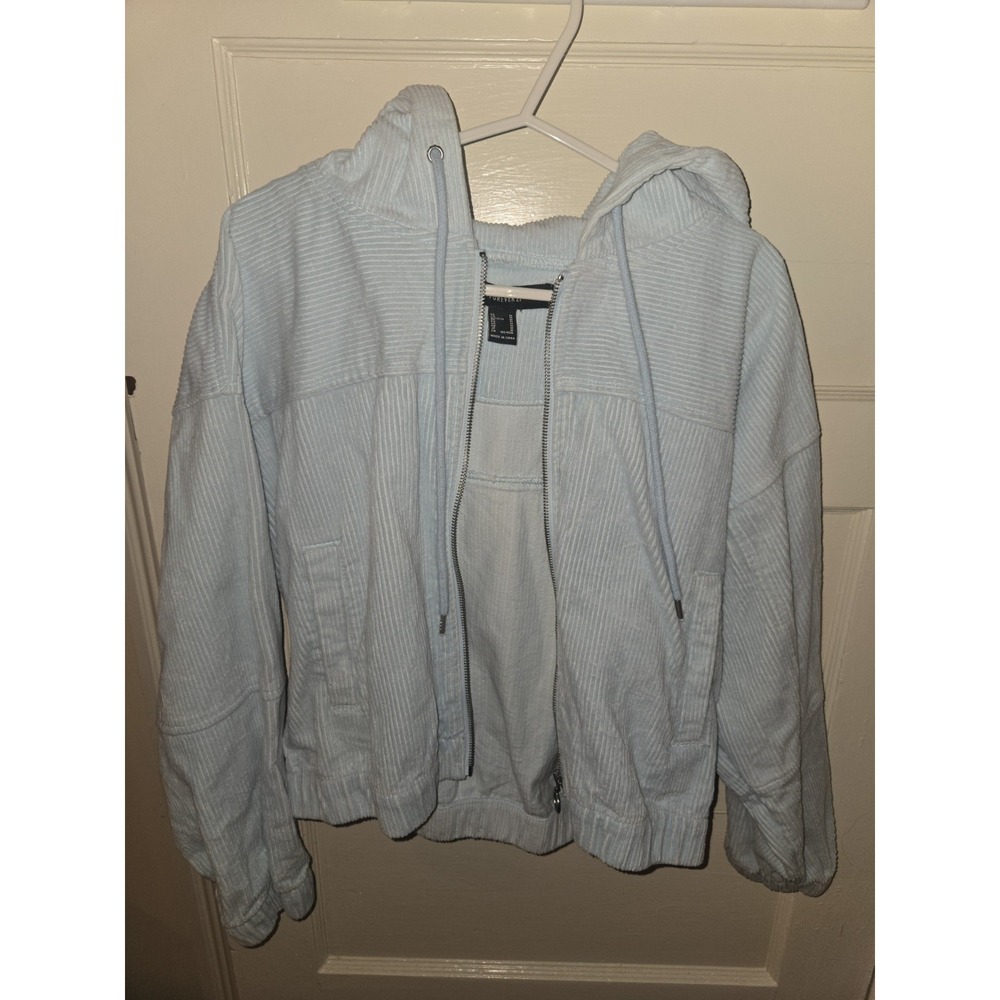 FOREVER 21 Teal Corduroy Zip Up Hoodie Jacket Women's Medium Casual Cropped